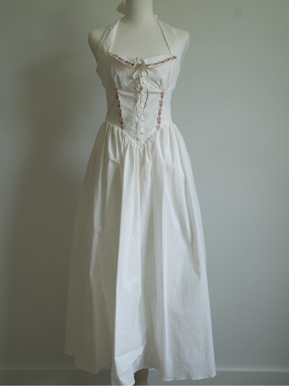 House of CB White Midi Halter Dress with Pink Floral Trim - Picture 2 of 14
